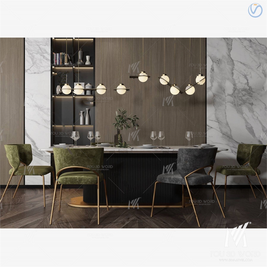 Modern marble dining table and chair combination 3d model